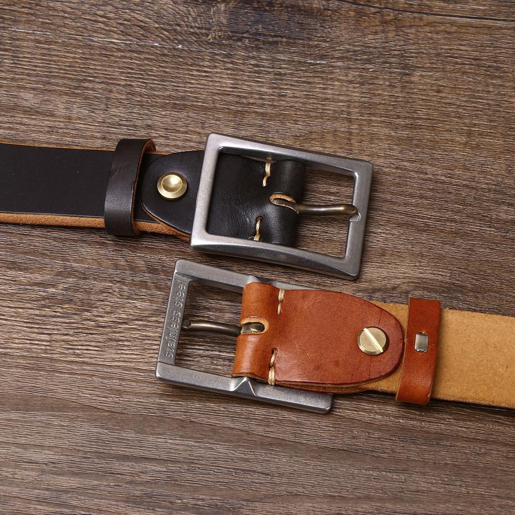 Belt Men's Stainless Steel Buckle Tea Core Leather Thickened First Layer Leather Simple All-Match Casual Jeans Belt Men's