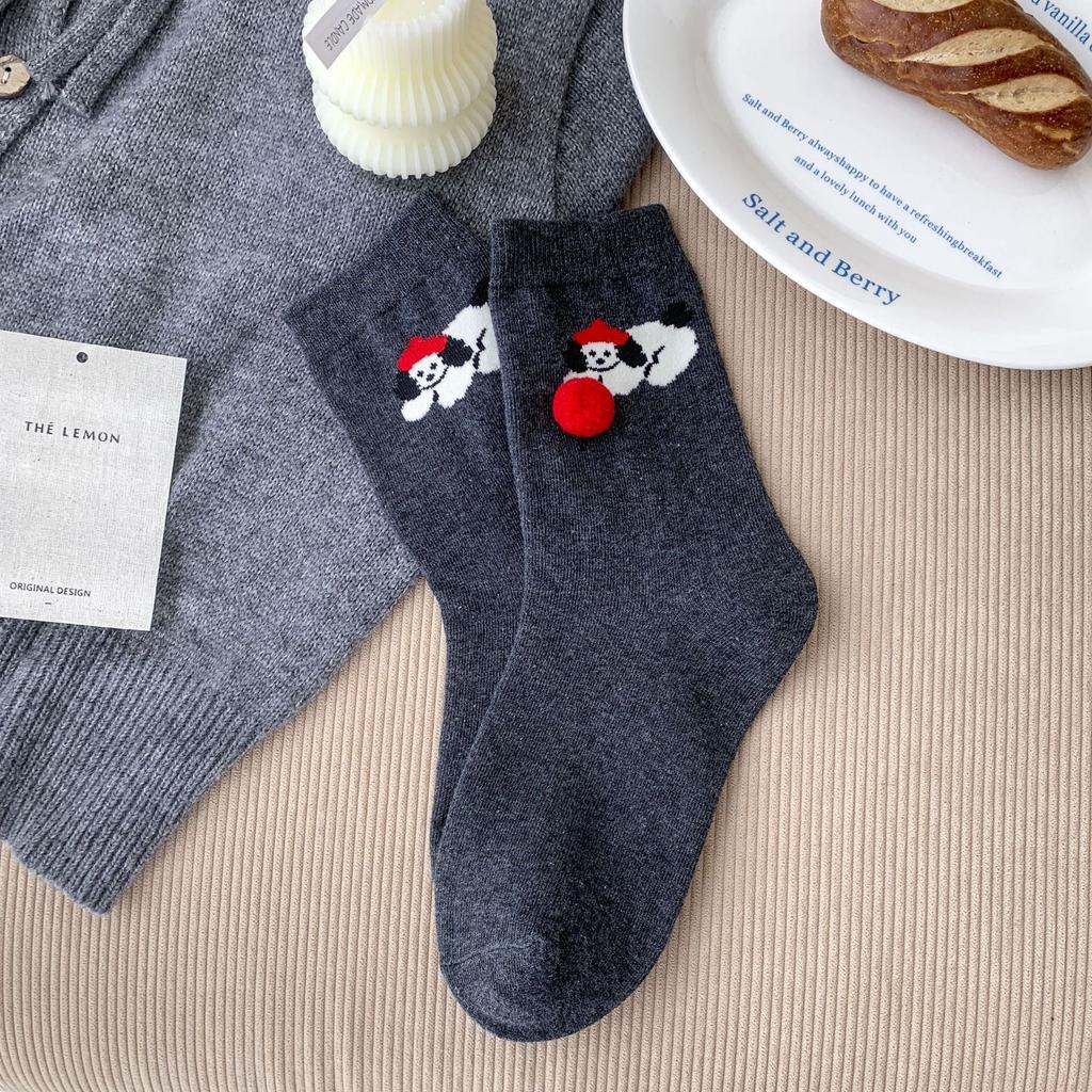 Socks, Medium Tube, Spring And Autumn Hairballs, Cartoon Dog Boneless Socks, Sweat-Absorbing, Breathable, Simple And Versatile, Cute Cotton Socks