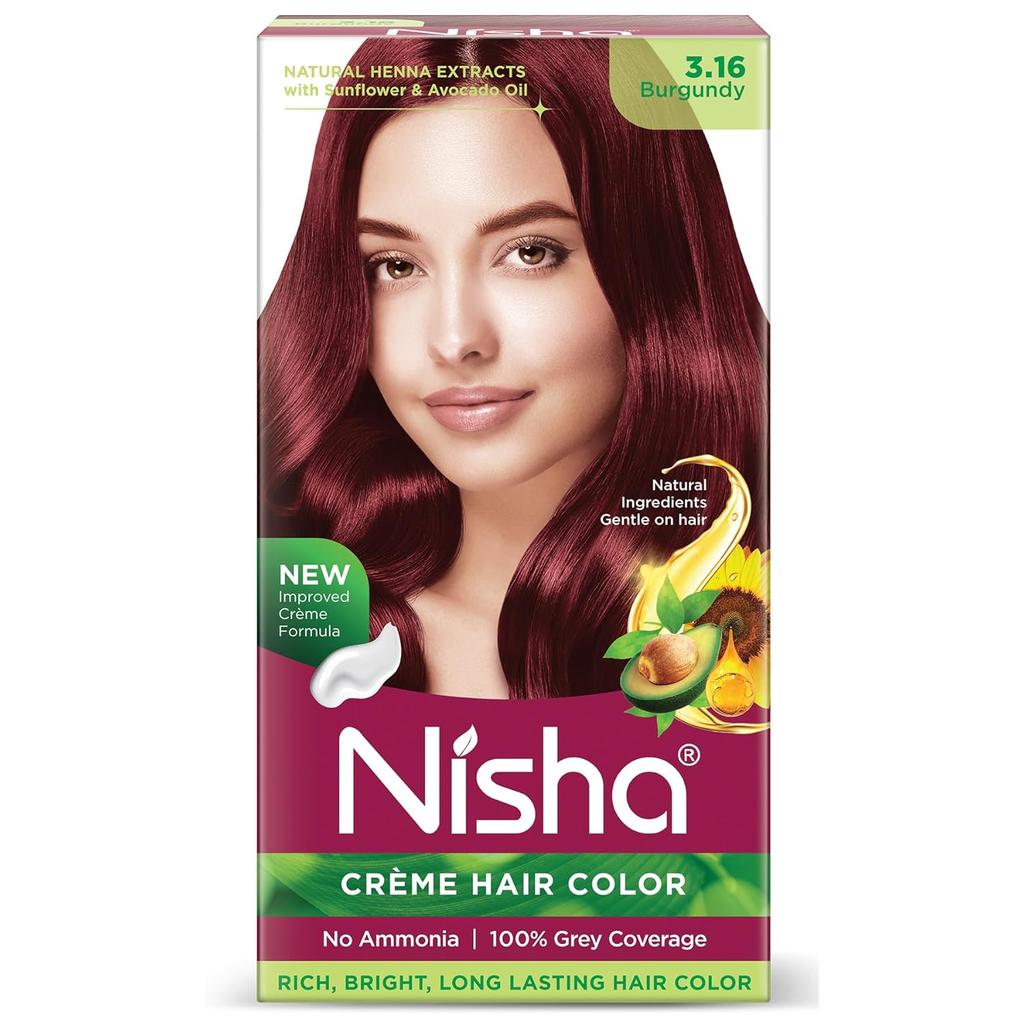 Nisha Creme Hair Color Burgundy 60G + 60Ml Permanent Grey Coverage Ammonia Free Natural Henna Extract
