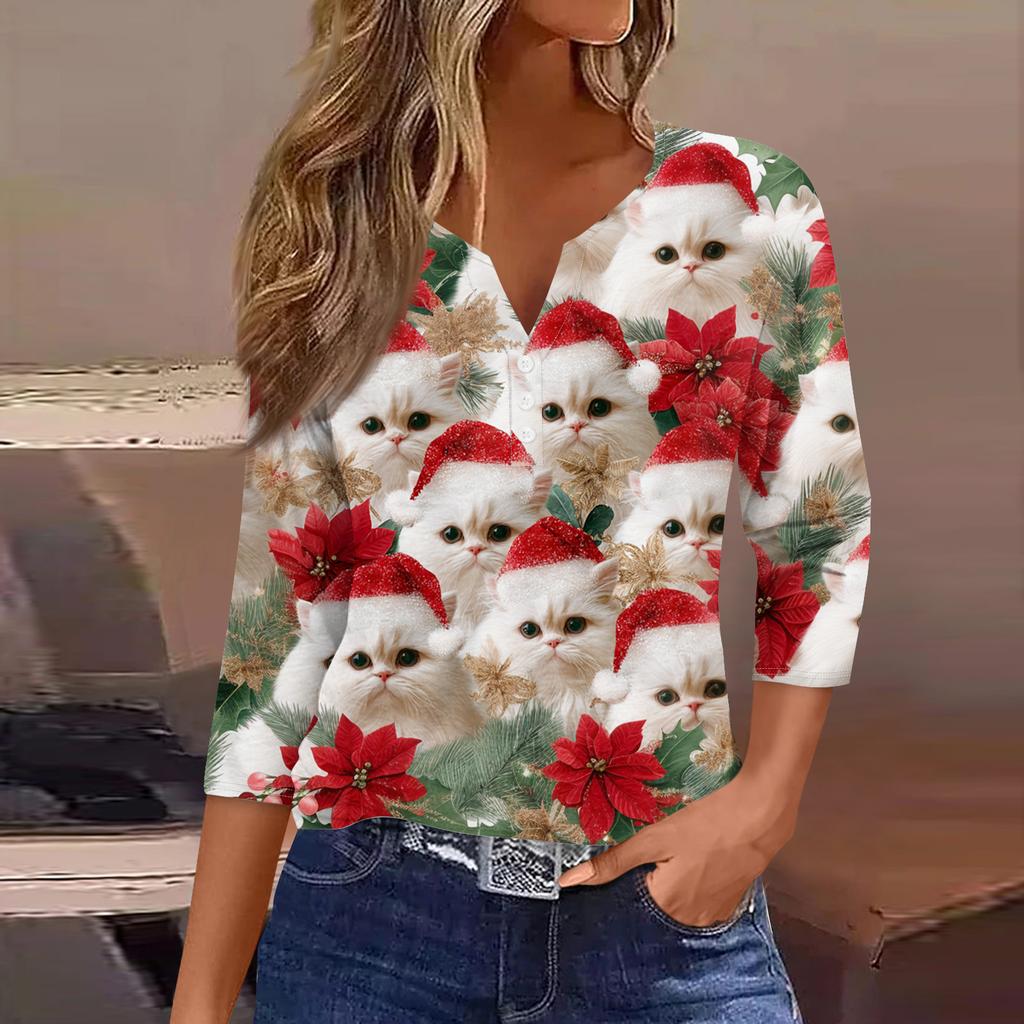 Damenmode Lässig Halloween Bedruckt V-Ausschnitt Kurzarm Zierknopf Dreiviertelarm T-Shirt Top