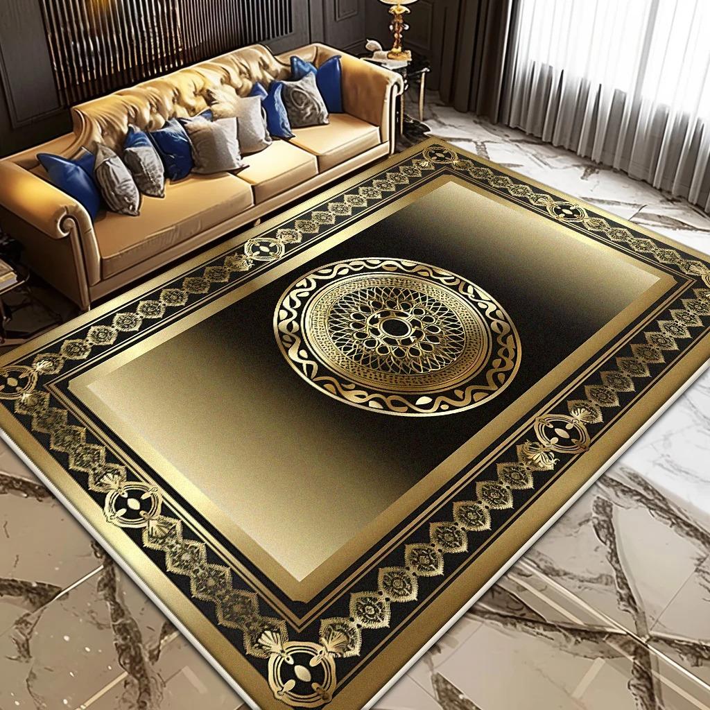Tapis de salon de luxe noir et doré, décoration intérieure, tapis de chambre en peluche haut de gamme, tapis de sol doux antidérapant pour tables basses de bureau
