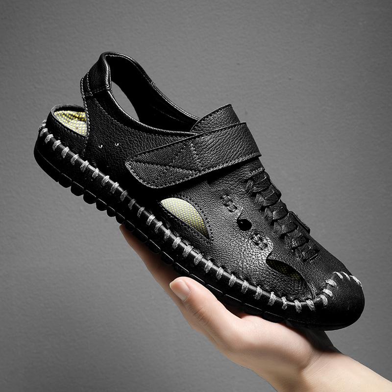 

Горячие летние тапочки Baotou, мужские удобные повседневные сандалии из натуральной кожи, нескользящие, для отдыха на пляже, двойного назначения, гладиаторские туфли 46 чёрный