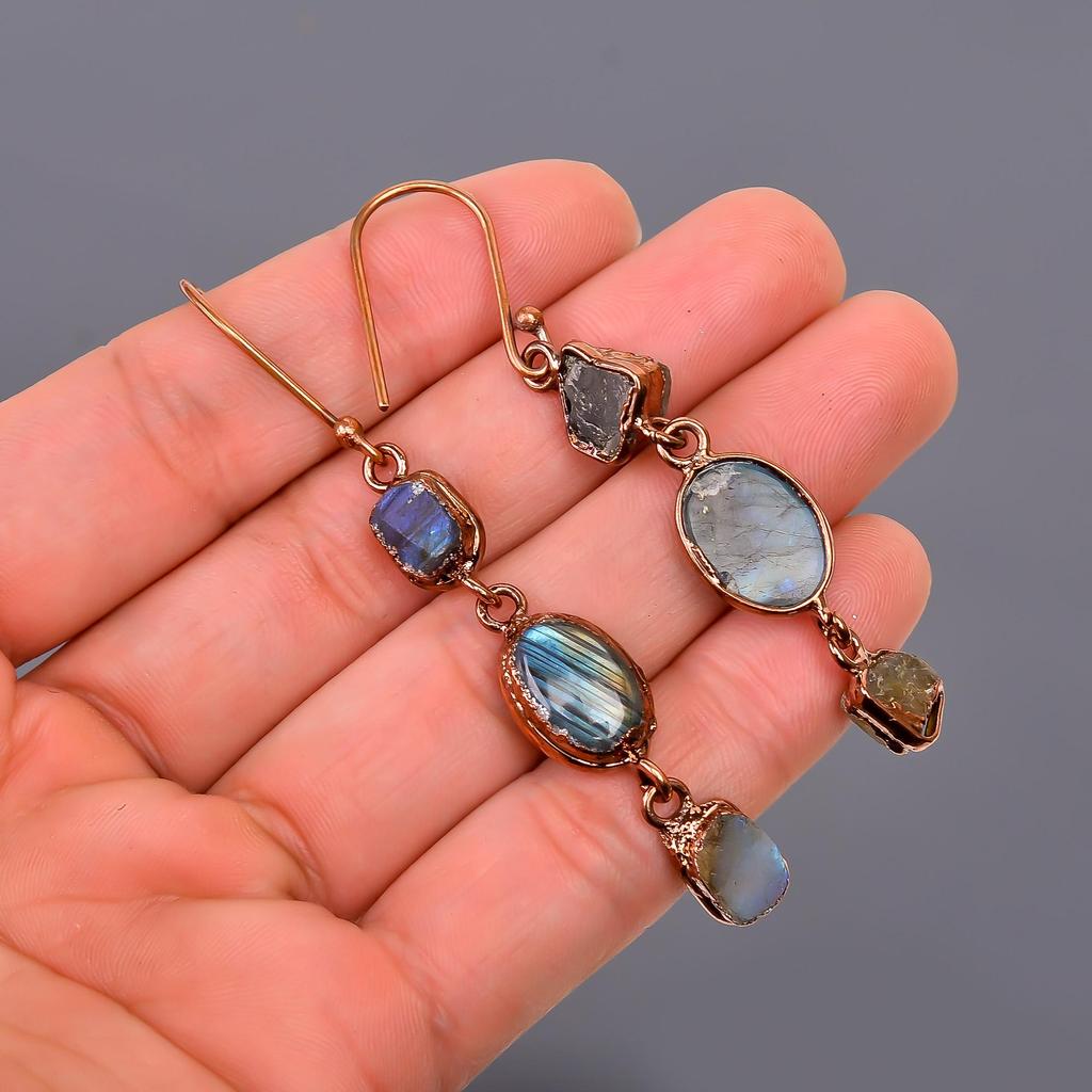 Elegant Natural Labradorite Electroformed Earrings, Multicolor Drop & Dangle Earrings, Copper Jewelry, Birthday Gift, Earrings For Love