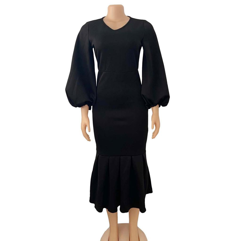 Women's Spring New Fashion Large Size V-Neck Long Sleeve Sexy Fishtail Dress Dress