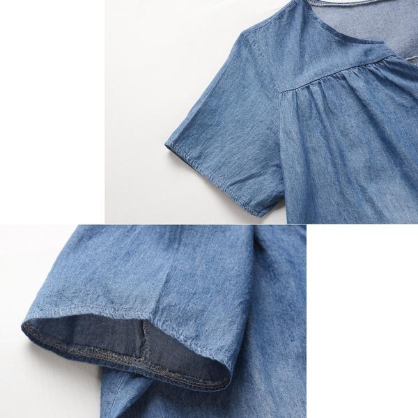 Loveimgs Women's Denim Shirt Dress - Short Sleeve V Neck Distressed Mini Dress