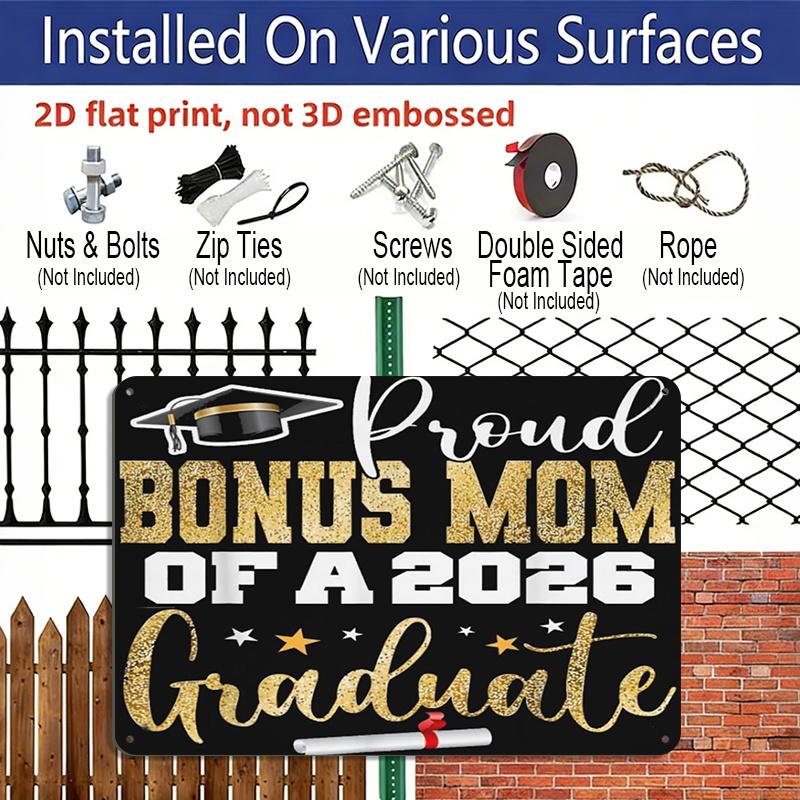 2D Flat, 1pc Proud Bonus Mom of A 2026 Graduate Aluminium Sign 8x12 Inch - Gold Glitter Grad Cap & Diploma Design, Graduation Decor, Gift for Bonus
