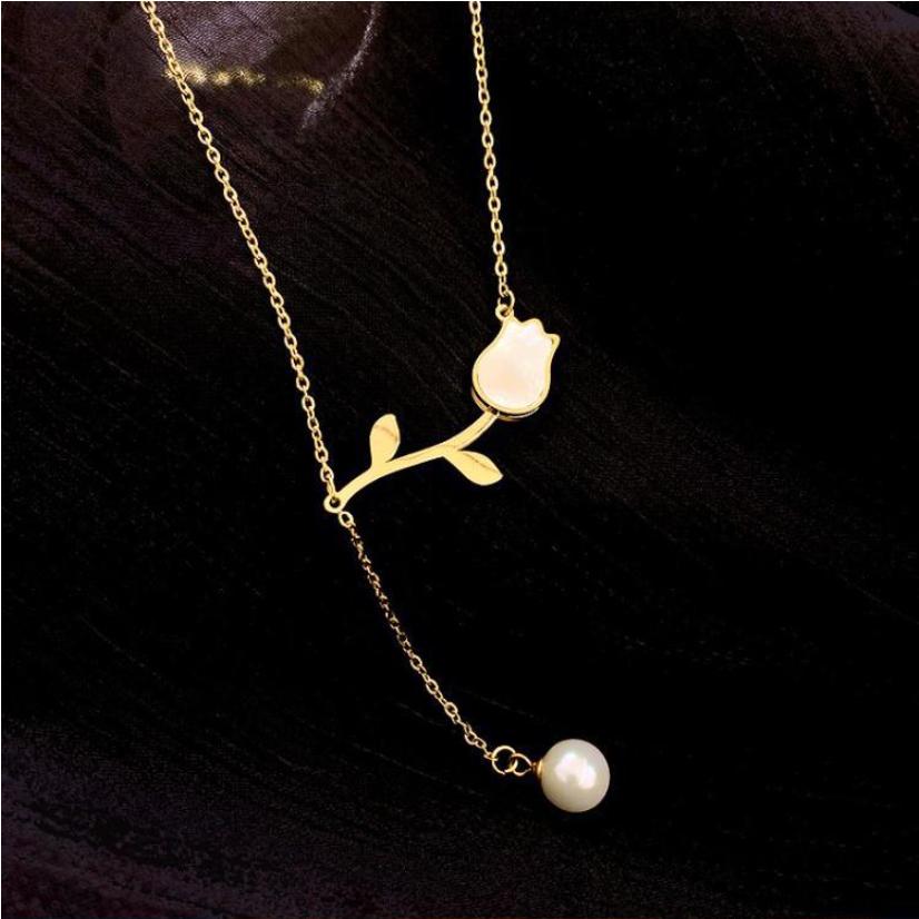 316L Stainless Steel New Fashion Upscale Jewelry Shell Pearl Tassel vintage Tulip Charms Chain Choker Necklace Pendant For Women