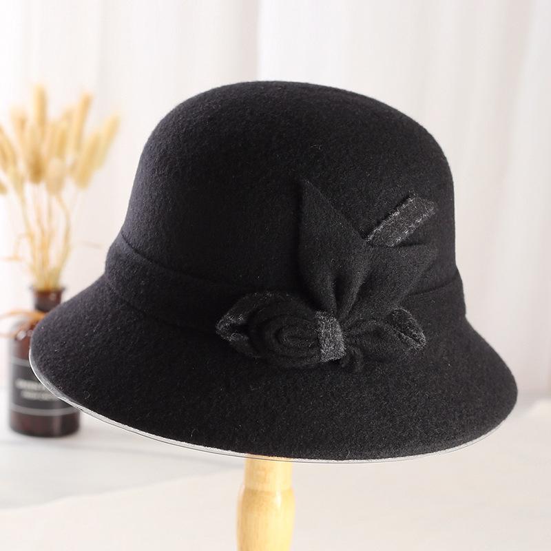 Autumn and winter new bucket hat woolen hat ladies lady hat warm bow short brim basin hat
