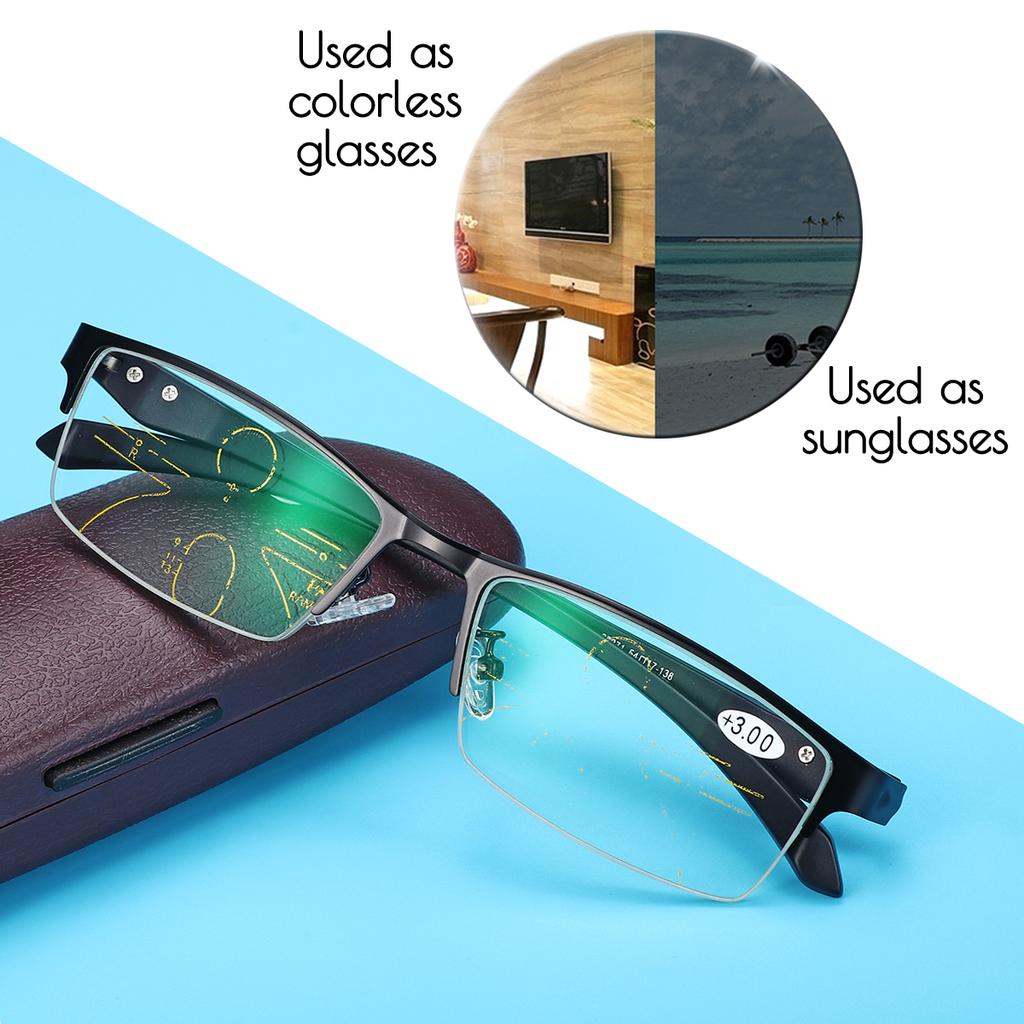 Progressive Multi Focus Photochromic Half Rimless Reading Glasses