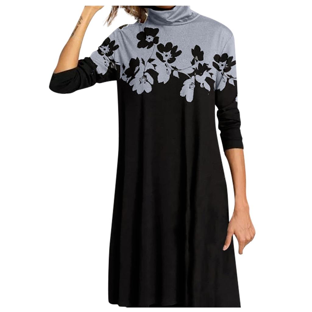 Ladies Fashion Print Half High Neck Long  Sleeve  Loose Straight  Dress