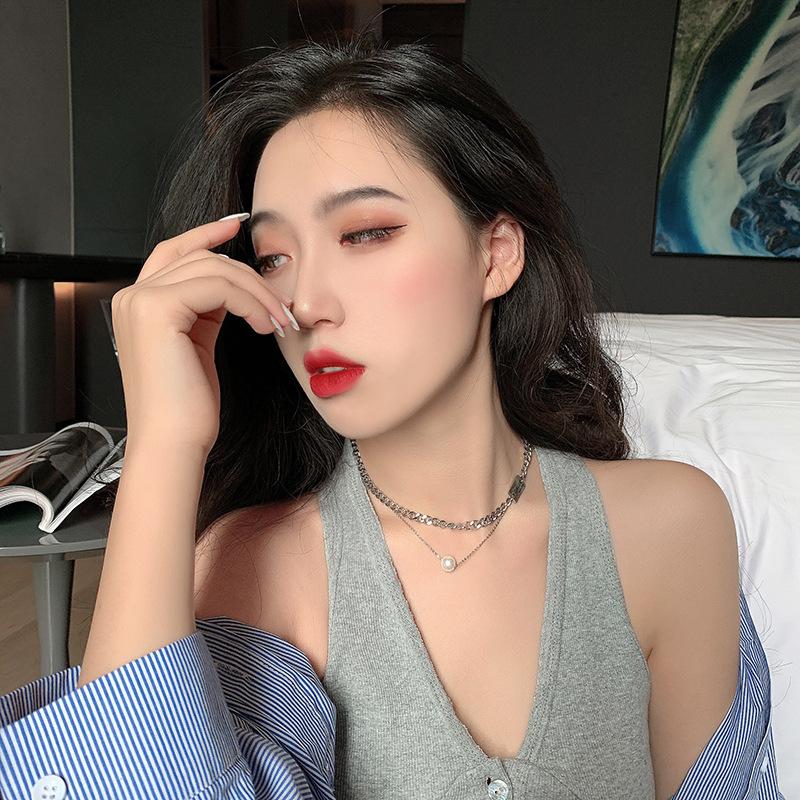 Collana girocollo in perla Kpop di nuova moda in acciaio inossidabile 316L Collana con pendente a catena a doppio strato carino per gioielli da donna regalo per ragazza