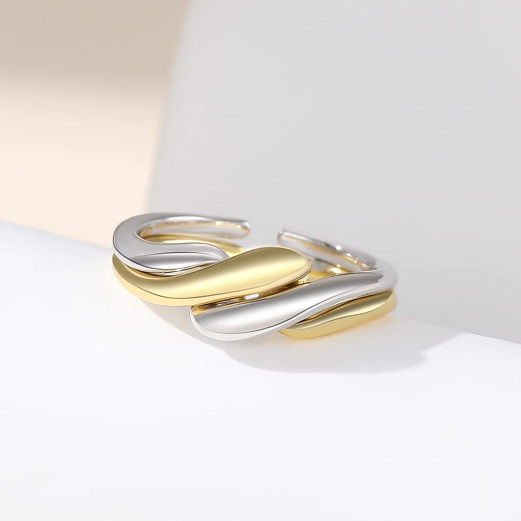 Rockyu Women's Ring, Free Size, Silver & Gold Double Ring, Pair, Detachable, Geometric Design, Stylish, Made of Sterling Silver 925, Hypoallergenic, B