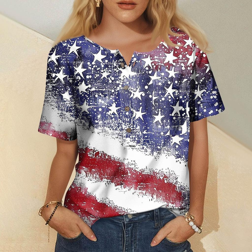 Women's Fashion Casual Short Sleeve Print Round Neck Pullover Top Blouse