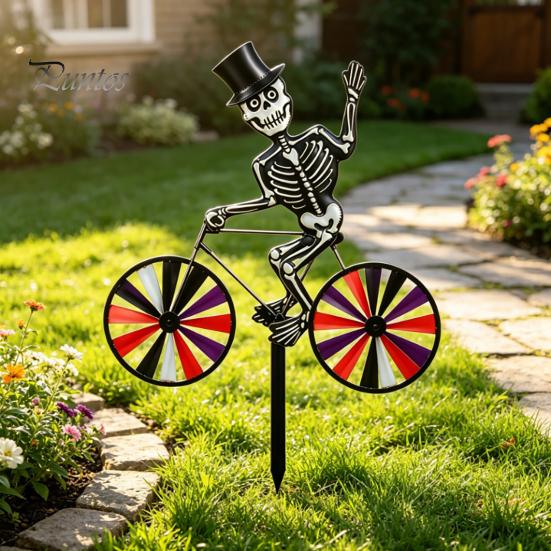 Gift for Garden Lovers Halloween Wizard/Ghost/Black Cat/Skeleton Bicycle Ground Stake Ornament, Metal Stakes, Yard Art Decorative Outdoor Statue Lawn
