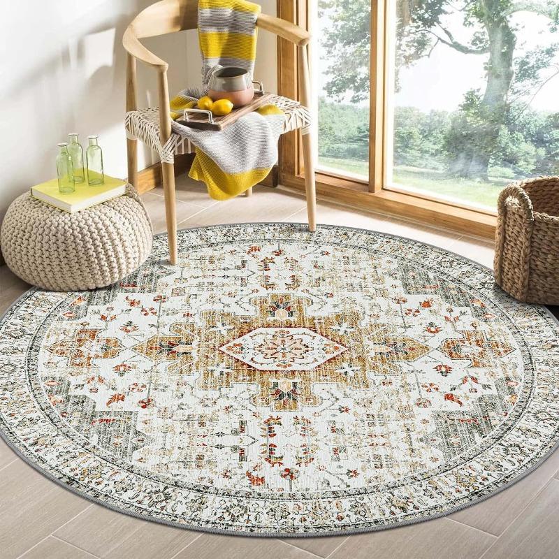 Bohemian Persia Style Print Round Rug Non-Slip Circle Carpet for Living Room Floor Mat for Chair Coffee Table Bedside Decoration