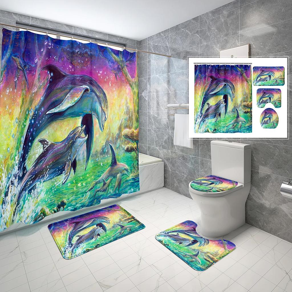 4 Sets Dolphin Shower Curtain Sets With Non-Slip Bath Mat,Toilet Lid Cover And Ocean Animals Blue Sea World Shower Curtain Set