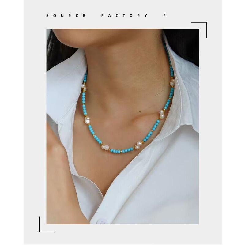 New chinoiserieretro natural turquoise necklace freshwater pearl xiaomi beads beaded clavicle chain