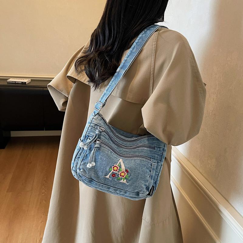 Multi-layer Denim Bag Vintage Shoulder Bag Women's Embroidered Crossbody Bag