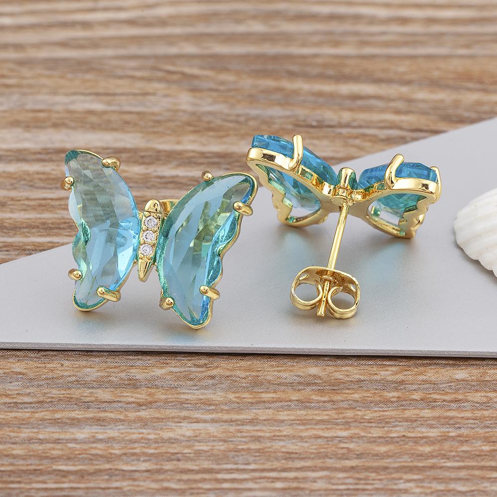 Nidin New Fashion 8 Colors Exquisite Lovely Butterfly Transparent Crystal Zirconia Stud Earrings Feminity Elegant Jewelry Gift