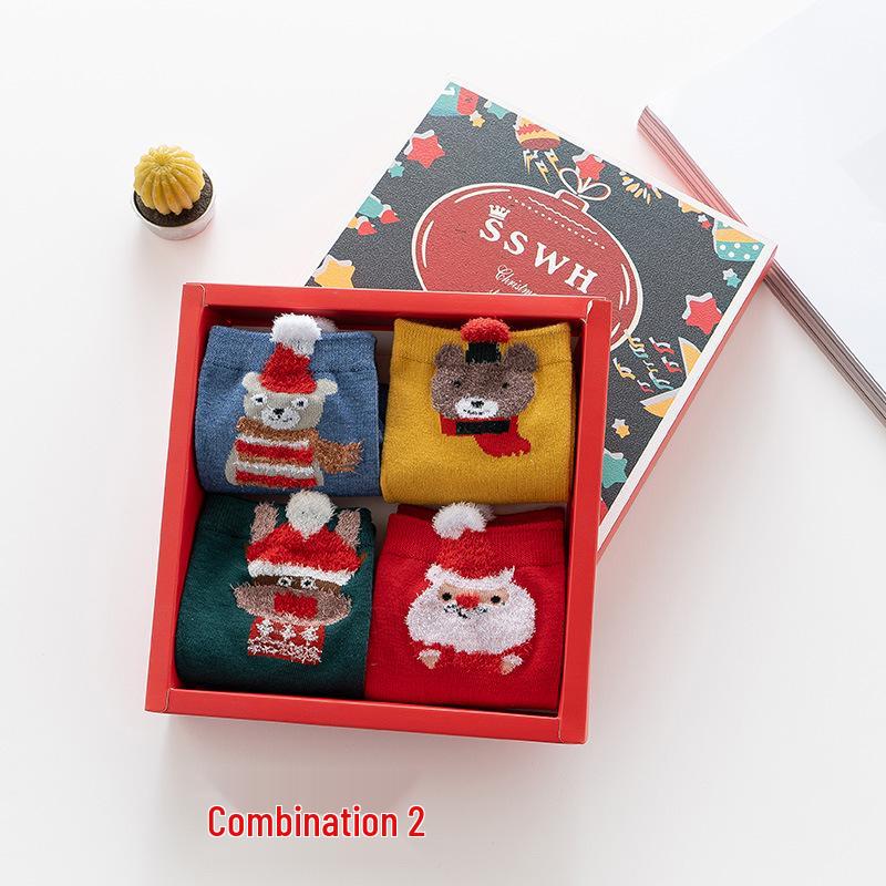 

Праздничные красные рождественские мультяшные носки в подарочной коробке для женщин - средней длины, милые и универсальные, осень/зима. One Size