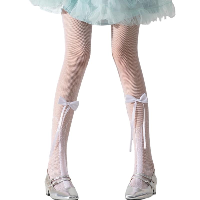 Women Japanese Ballet Sheer Mesh Pantyhose Stockings Crisscross Pattern Cute Ribbon Bowknot Fishnet Tights Leggings