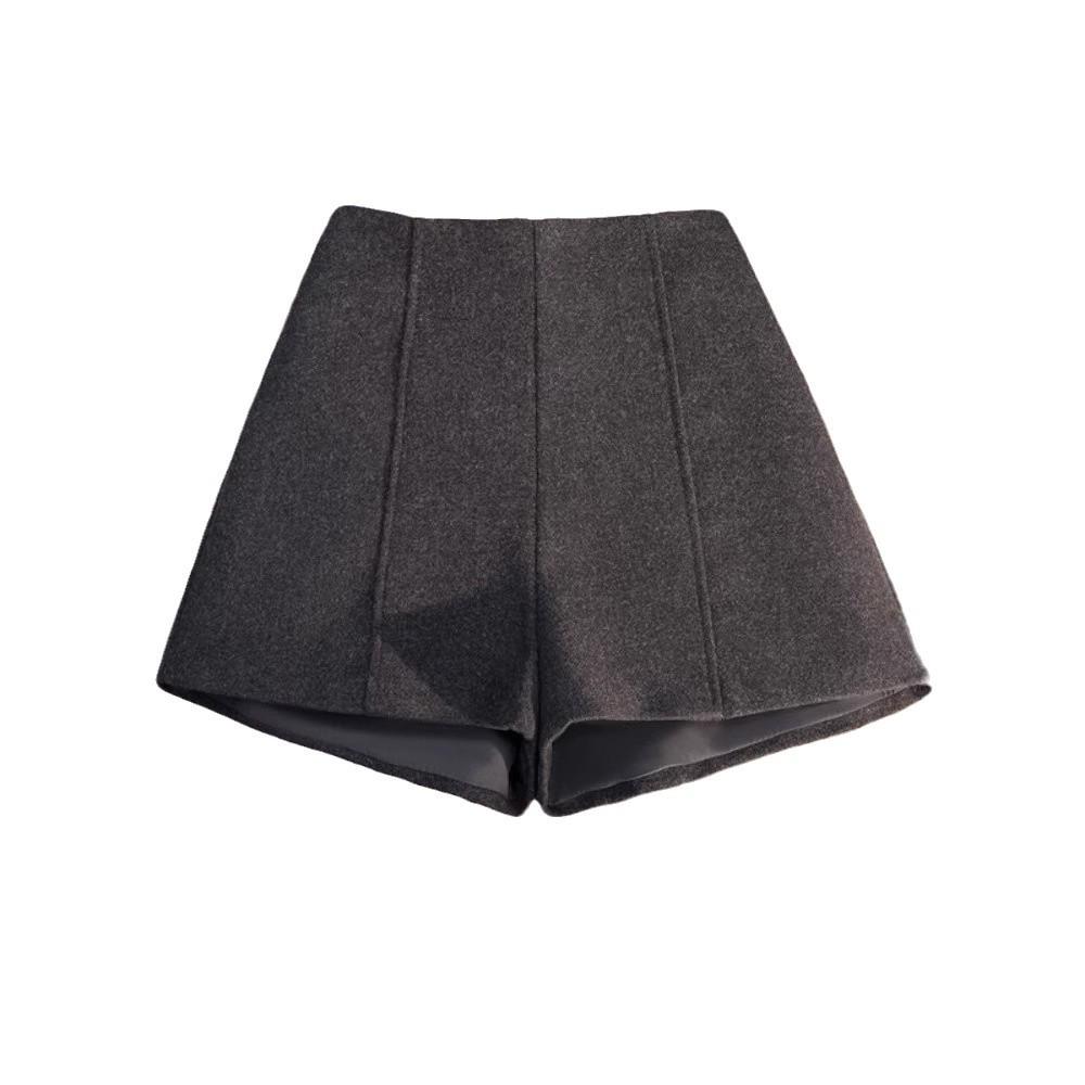 Women's Grey Wool Wide-Leg High-Waisted Shorts, 2025 Autumn/Winter, Plus Size, Casual Loose Fit.