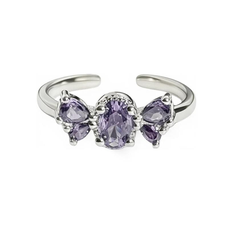 Sweet And Cool Girl'S Heart Bow, Purple Zircon Diamond-Set Open Ring, Light Luxury Niche High-End Sense Stacked Index Finger Ring