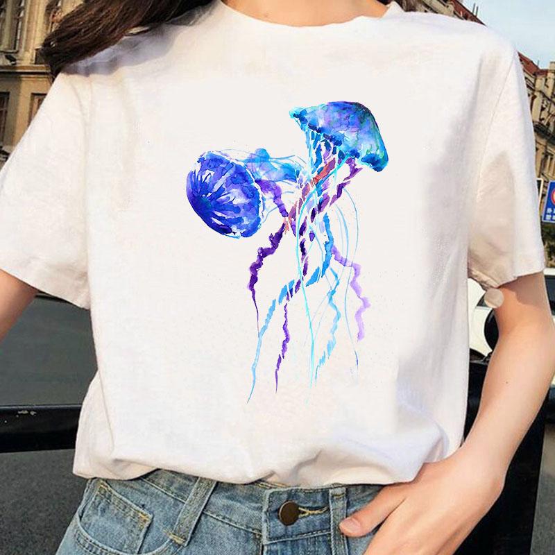 Aquarell Quallen Design T-Shirt Damen Druck Harajuku T-Shirt O-Ausschnitt Damen Shirt Ärmel Damen Grafik Damen T-Shirt