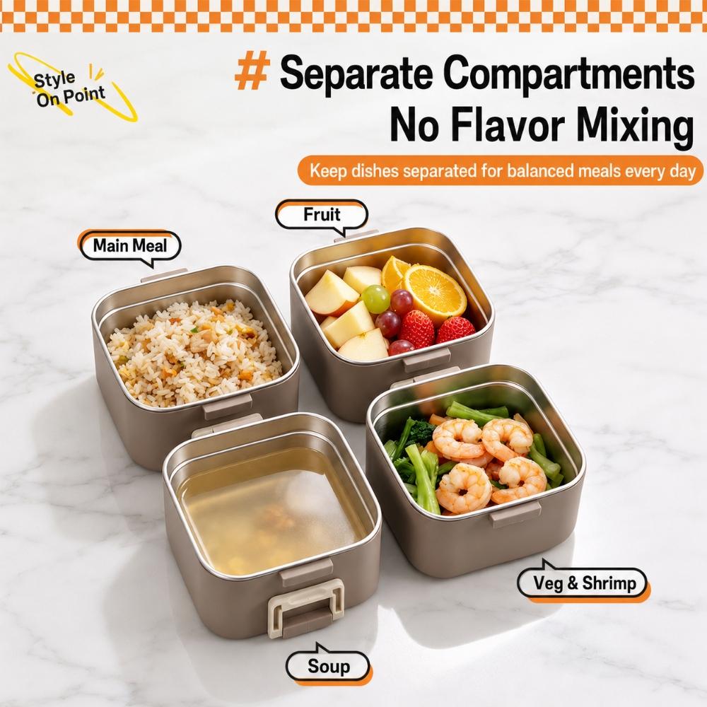 Portable Stackable Lunch Box With 304 Stainless Steel Inner Containers, Side Buckles And Carry Handle For School Office Travel Meals