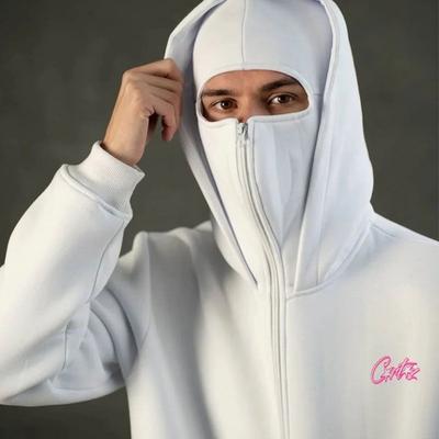 Hanorac cu fermoar pentru bărbați cu mască, îmbrăcăminte sport cu fermoar călduroasă de iarnă, îmbrăcăminte sport cu glugă super mare, îmbrăcăminte de stradă la modă cu glugă dublă