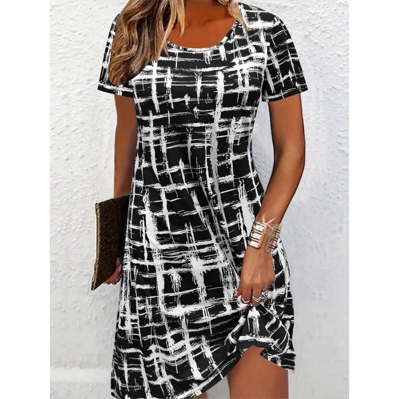 Women's Summer Short-Sleeve Minimalist Color-Blocked Dress—Loose-Fitting Breathable Fashionable Casual Beach Dress
