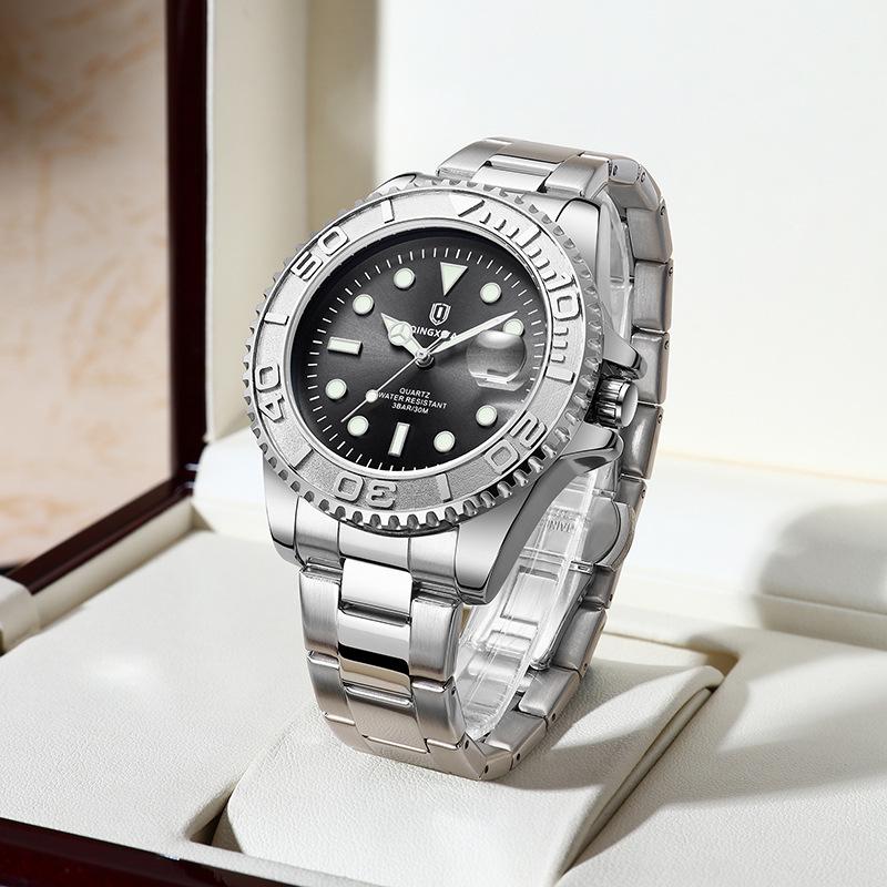 Qingxiya Men's Waterproof Quartz Sports Watch with Stainless Steel Strap and Luminous Calendar