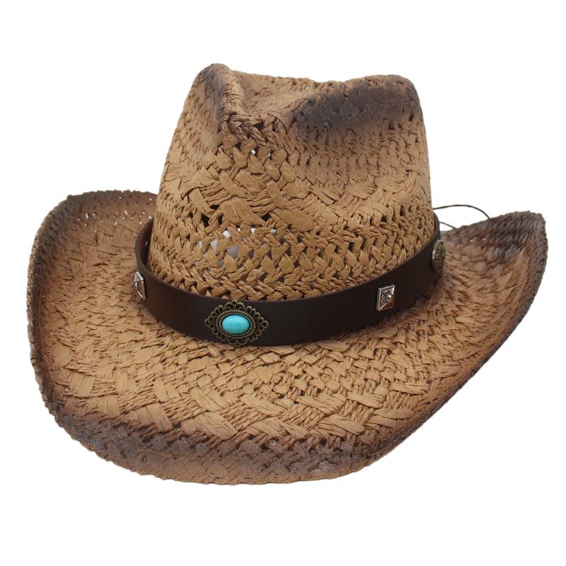 Cowboy Straw Hat Women'S Belt Decorative Sunscreen Shade Beach Hat Cowboy Hat Panama Hollow Straw Hat