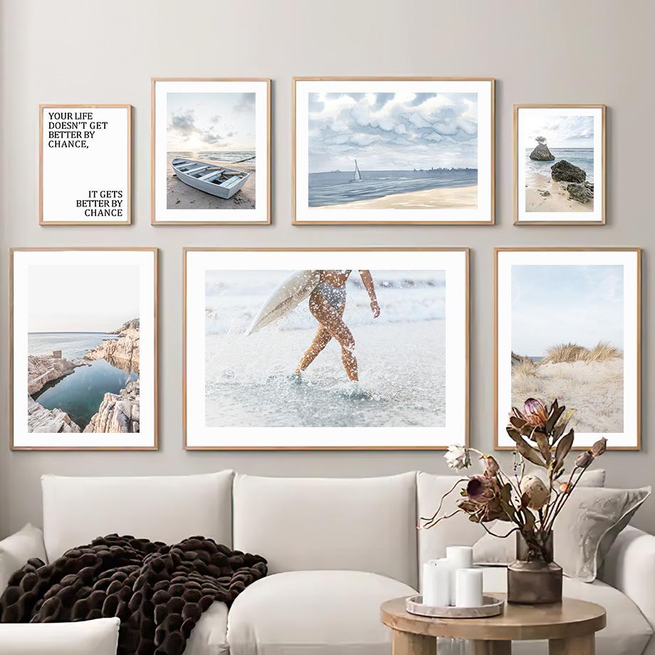 Sea Beach Girl Boat Reef Landscape Wall Art Canvas Painting Nordic Posters and Prints Hotel Ba Pictures For Living Room Decor