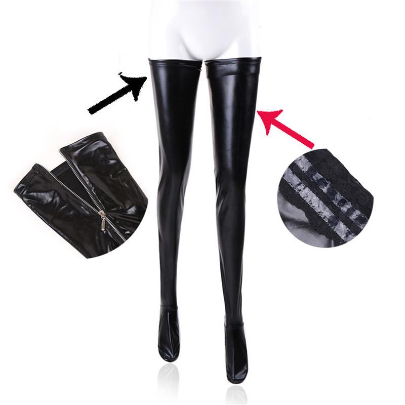 Women Sexy Latex Zipper Stockings Lady's Black PVC Role Play Leather Erotic Clubwear Length Over Knee High Stockings Stocking