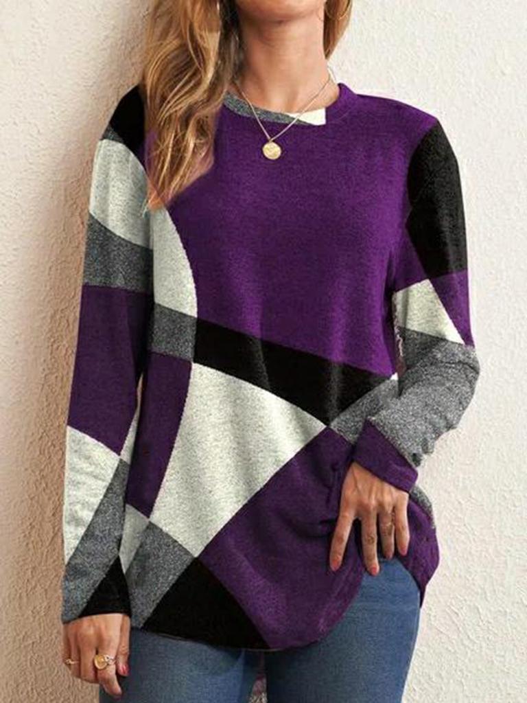 Spring Casual Geometric Color Block Wool Long Sleeve Printed Loose T-Shirt Women Top