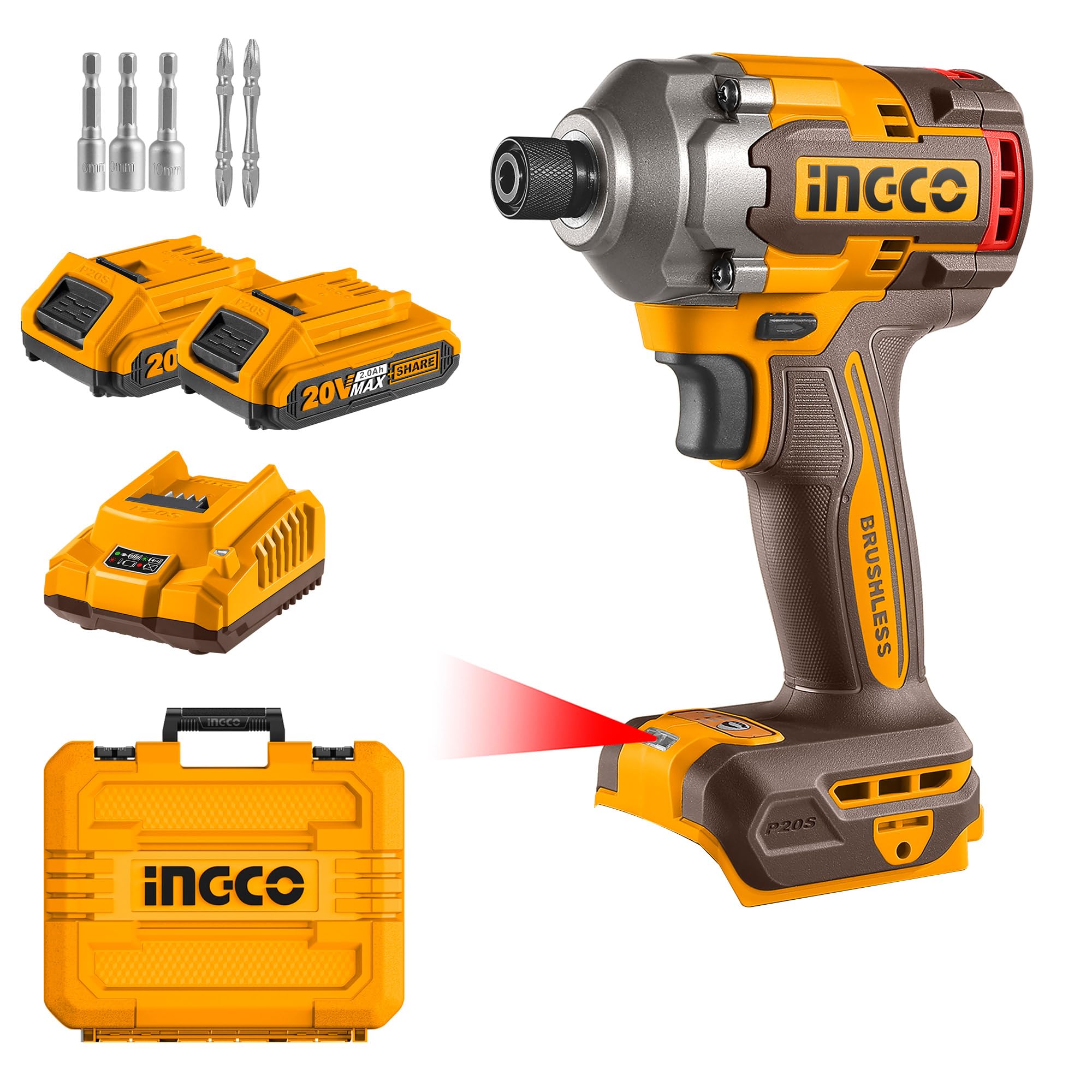 

Бесщеточный ударный гайковерт INGCO 20 В с двумя источниками питания и одним драйвером CIRLI2028, 285 Нм, зарядное устройство 2,0 Ач,