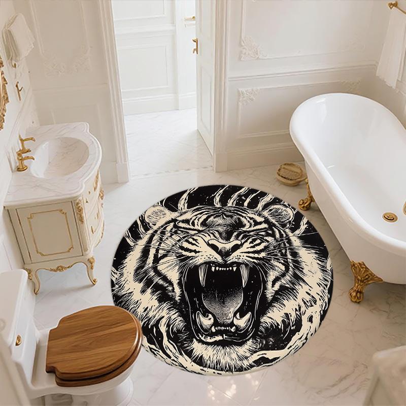 Black and White Tiger,Round Area Rug,Carpet Rug for Living Room Bedroom Sofa Playroom Decor,Non-slip Floor Mat