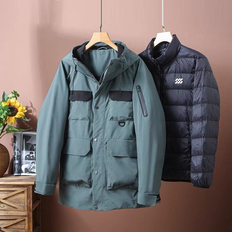 Outdoor Three-In-One Detachable Workwear Parka down Jacket for Men, Winter Hunting Style Cotton Coat, Foreign Trade Men s Cotton Jacket Green 170