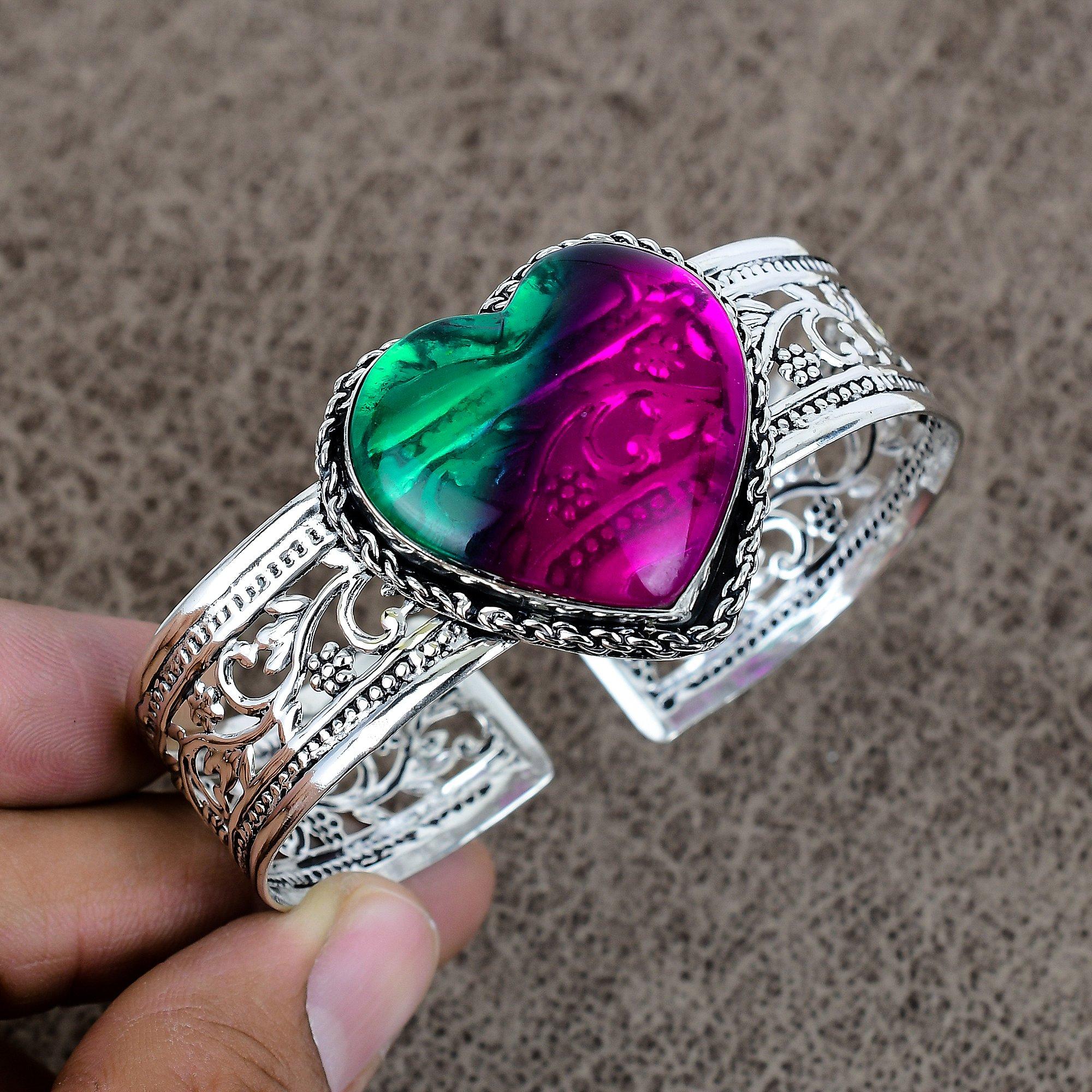 

Bi-Color Tourmaline Gemstone 925 Sterling Silver Cuff Bangle Adjustable KKG-240