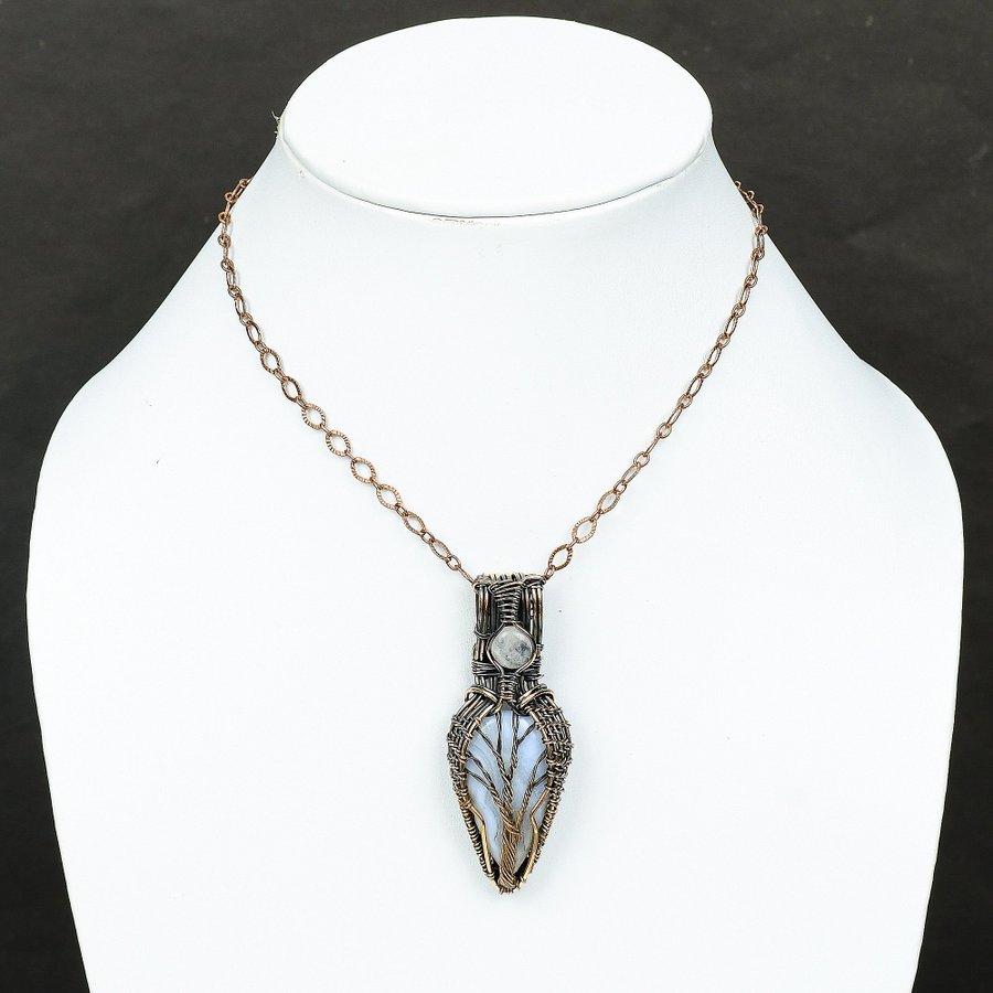 Blue Lace Agate, Moonstone Gemstone Copper Wire Wrap Jewelry Pendant 2.76"