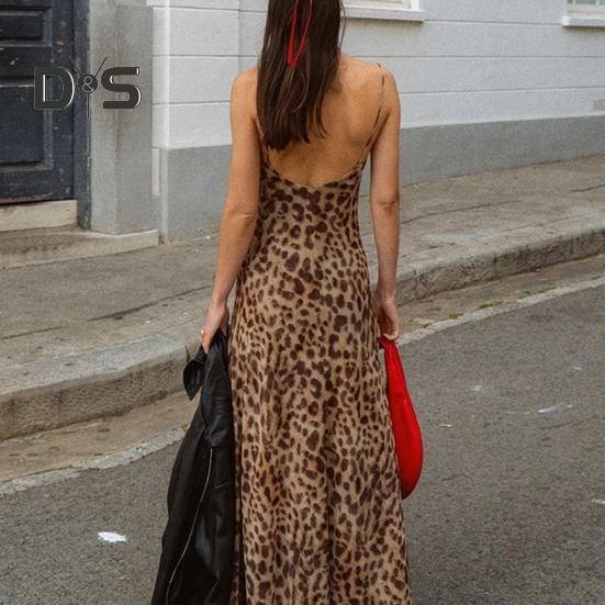 Dámské skluzové šaty Leopardí potisk s úzkým pasem a nízkým výstřihem do V, výstřih do V bez rukávů Plesový koktejlový klub Party Maxi šaty