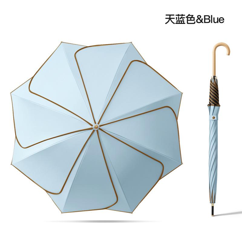 New 8-bone Straight Rod Vinyl Fabric Petal Umbrella Solid Wood Curved Handle Double Enlarged