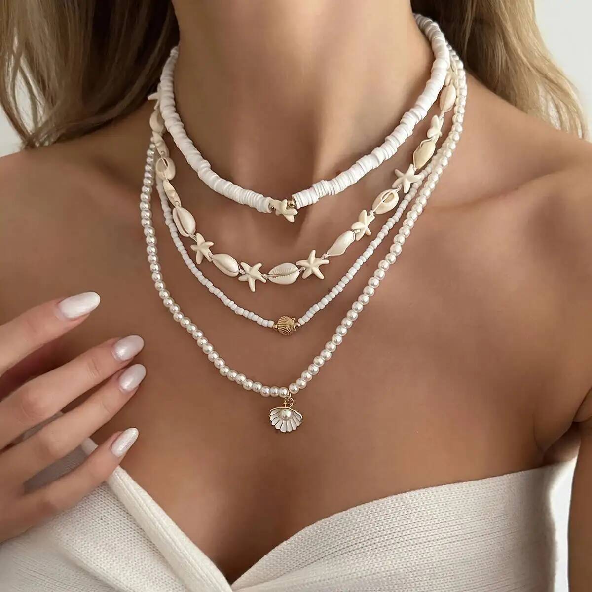

Ingemark 4Pcs/Set Summer Ocean Bohemian Necklace Trendy Imitation Pearl Polymer Clay Scallop Starfish Pendant Necklace Jewelry