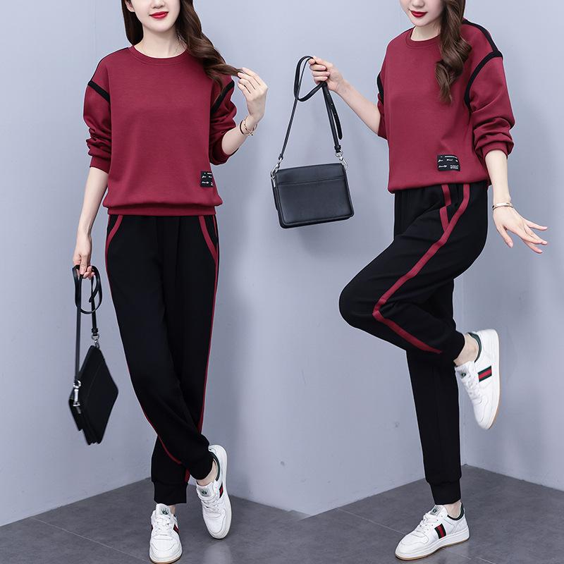 Women's Casual Sports Suit Spring and Autumn Korean Version of The Age-reducing Loose Round Neck Sweater Pants Two-piece Suit