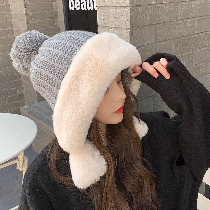 Knitted Hat Big Head Korean Version Velvet Warm and Cold Cotton Hat Women's Autumn and Winter Wool Hat Trendy Brand