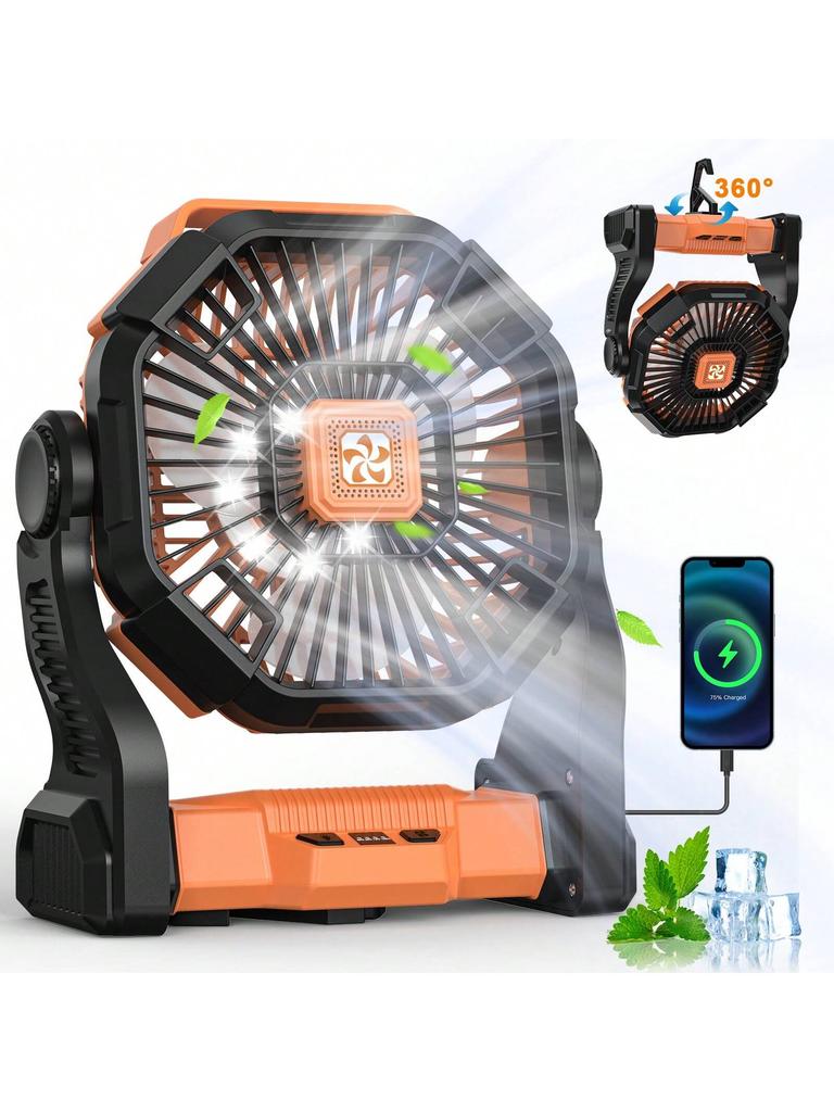 Cold Air Battery Powered Fan With LED Lantern,Dual Motor Camping Fan, 4-Speed Adjustable Desktop Fan With Hook