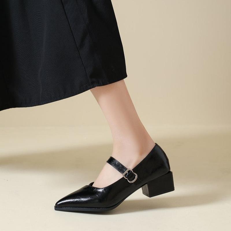 Retro Mid-length Single Shoes Spring and Summer New Fashion Belt Buckle Pointed Toe Comfortable Shallow Toe Leather Shoes 35-44