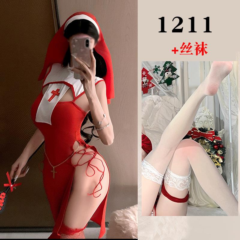 Sexy Summer High Slit Cheongsam Nun Dress Role-playing Uniform Dress Elegant Tank Mini Dress Sweet SM Exotic Women Dress 3XPC