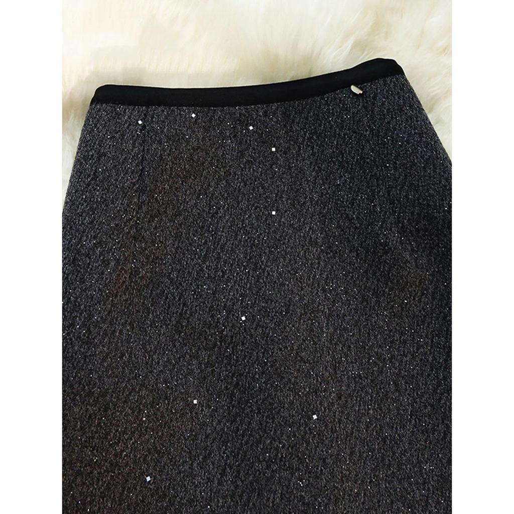 Gonna a Linea ad A con Paillettes in Misto Lana Taglie Forti, Vita Alta, Anti-Esposizione, che Segue le Curve, per Primavera/Autunno